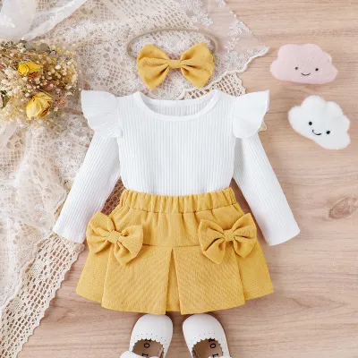 Kids Baby Girls Casual Cute Long Sleeve Romper Bow Skirt Set