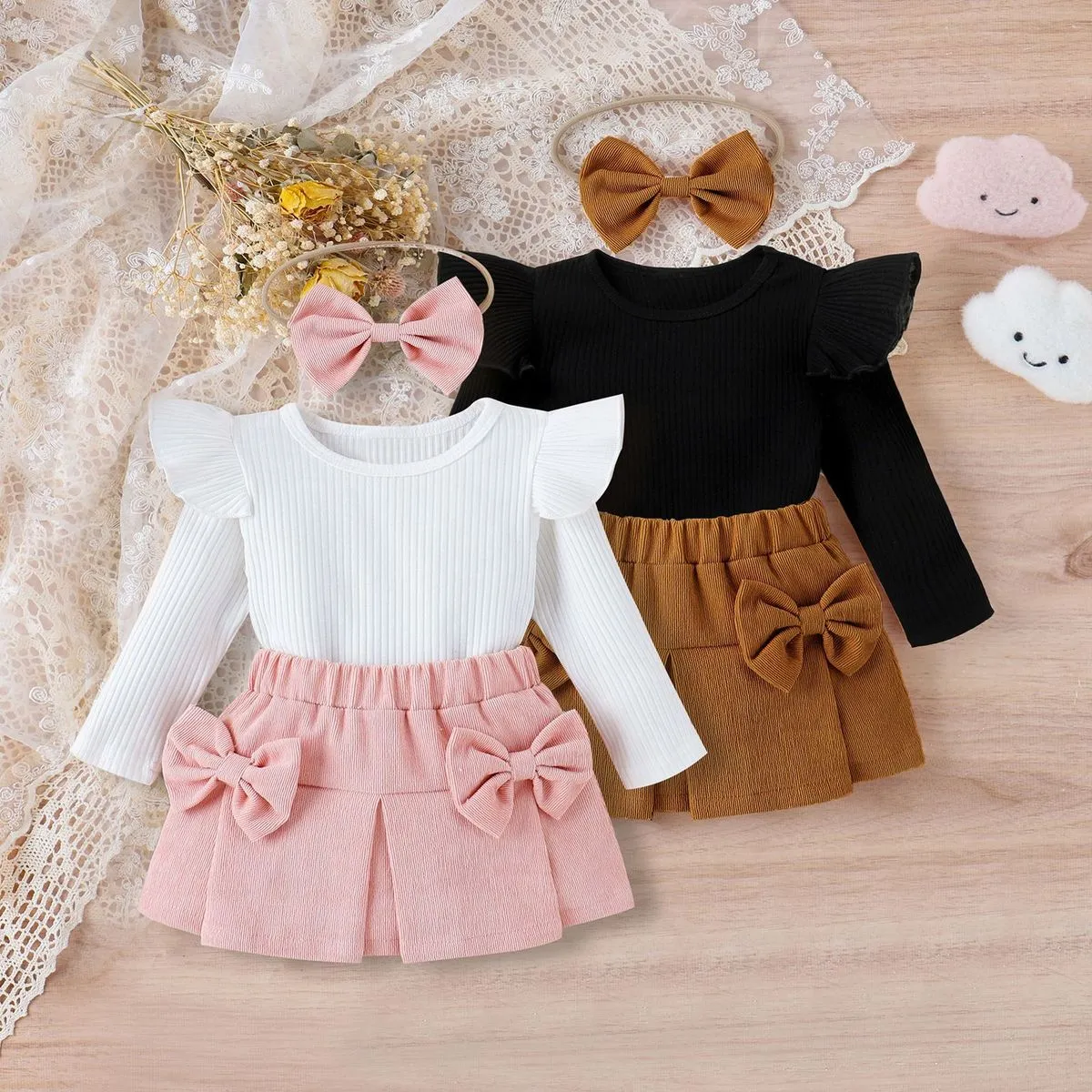 Kids Baby Girls Casual Cute Long Sleeve Romper Bow Skirt Set