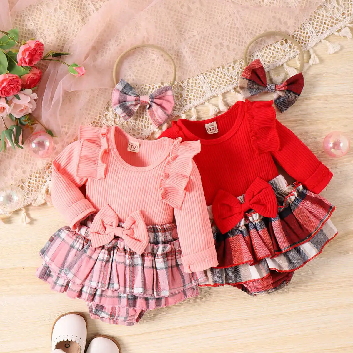 Kids Baby Girls Casual Cute Long Sleeve Plaid Romper Pants Set