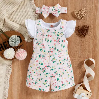 Kids Toddler Girls Casual Cute Fluttering Sleeve Top Tiny Flower Suspender Pants Set