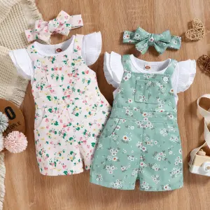 Kids Toddler Girls Casual Cute Fluttering Sleeve Top Tiny Flower Suspender Pants Set