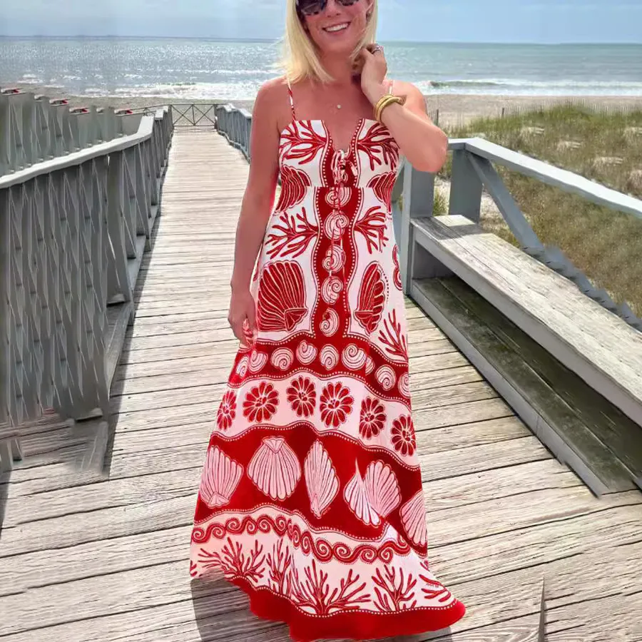 Women Casual Vacation Floral Printed Lace-Up Camisole Dress