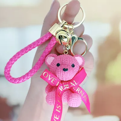Cartoon Cute Resin Woven Bear Car Keychain Pendant for Party Valentine Gift