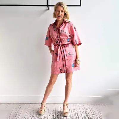 Women Fashion Casual Linen Printed Lace-Up Short-Sleeve Dress
