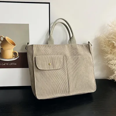 Women Casual Solid Color Large Capacity Corduroy Tote Handbag with Zipper