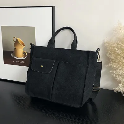 Women Casual Solid Color Large Capacity Corduroy Tote Handbag with Zipper
