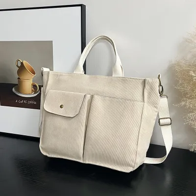Women Casual Solid Color Large Capacity Corduroy Tote Handbag with Zipper