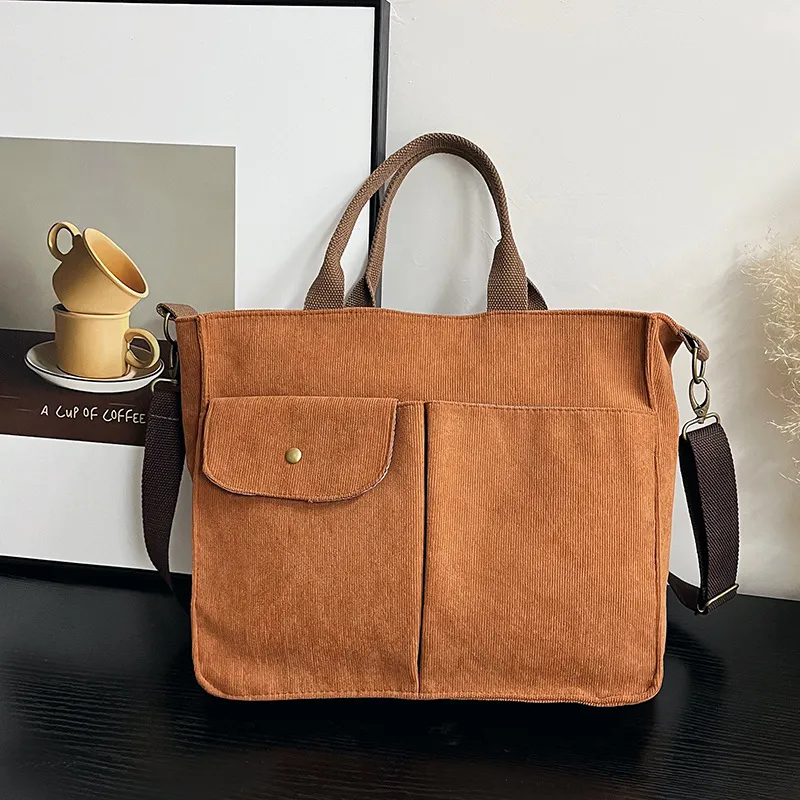 Women Casual Solid Color Large Capacity Corduroy Tote Handbag with Zipper
