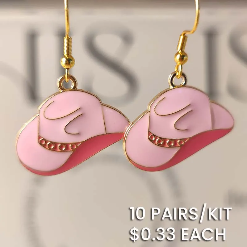 Western Cow Girl Pink Hat Drop Earrings