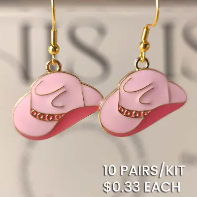 Western Cow Girl Pink Hat Drop Earrings
