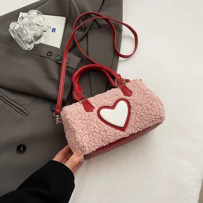 Women Fashion Casual Plush Heart Zipper Handbag Pillow Bag