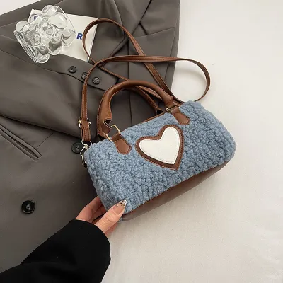Women Fashion Casual Plush Heart Zipper Handbag Pillow Bag