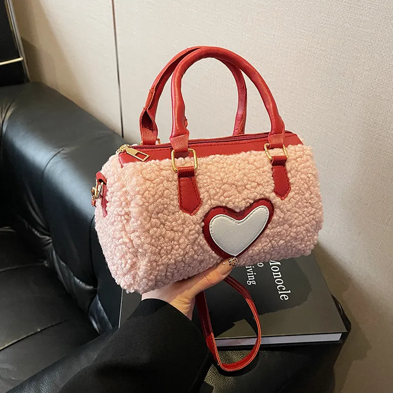 Women Fashion Casual Plush Heart Zipper Handbag Pillow Bag