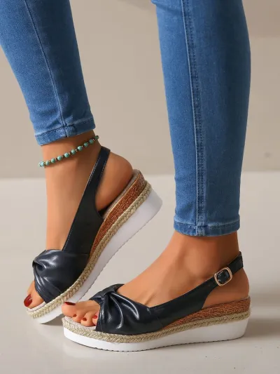 Women Casual Solid Color Hemp Woven Peep Toe Wedge Sandals