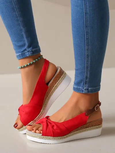 Women Casual Solid Color Hemp Woven Peep Toe Wedge Sandals