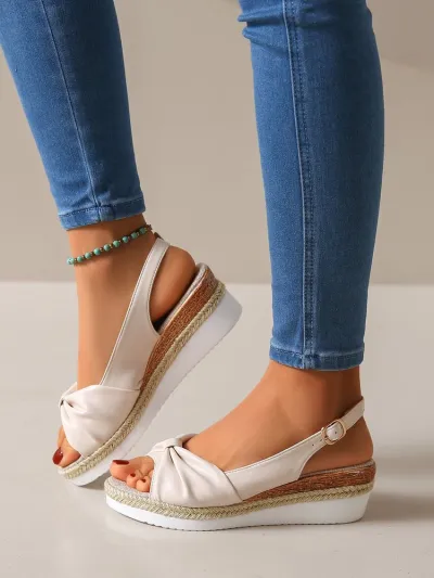 Women Casual Solid Color Hemp Woven Peep Toe Wedge Sandals