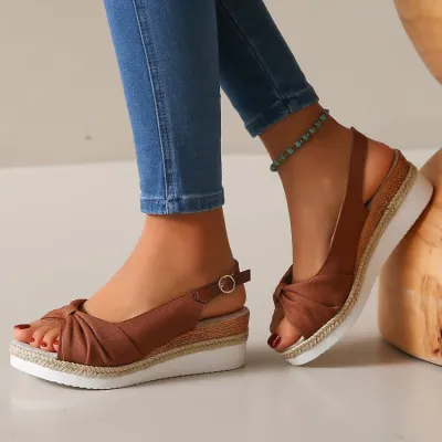 Women Casual Solid Color Hemp Woven Peep Toe Wedge Sandals