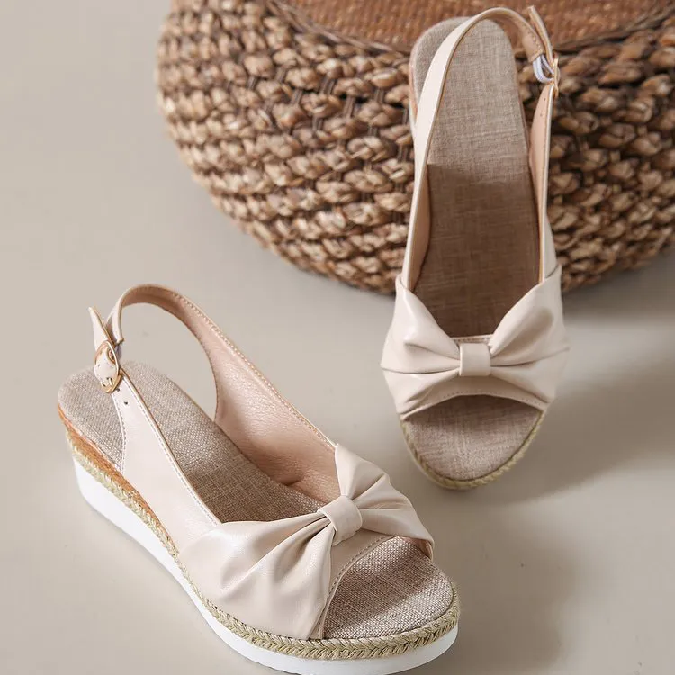 Women Casual Solid Color Hemp Woven Peep Toe Wedge Sandals