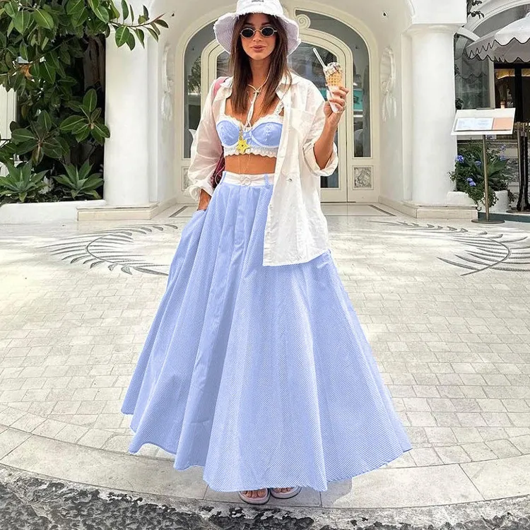 Women Fashion Sexy Lace Stitching Camisole Top High Waist Skirt Two-Piece Set