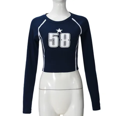 Women Fashion Sexy Tight Printed Long Sleeve Crop Top