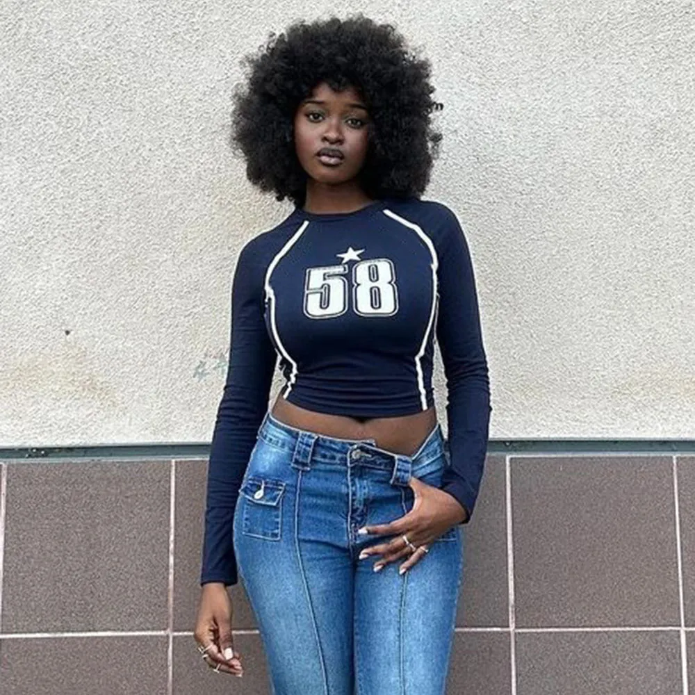 Women Fashion Sexy Tight Printed Long Sleeve Crop Top