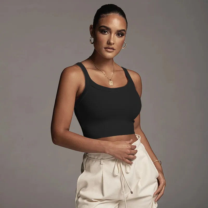 Women Fashion Casual Solid Color Knitted Sleeveless Crop Top