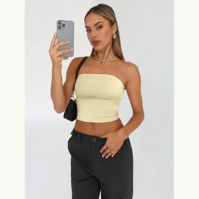 Women Fashion Sexy Solid Color Slim-Fit Strapless Tube Crop Top