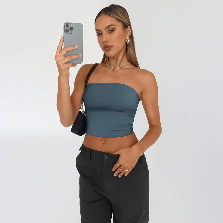 Women Fashion Sexy Solid Color Slim-Fit Strapless Tube Crop Top
