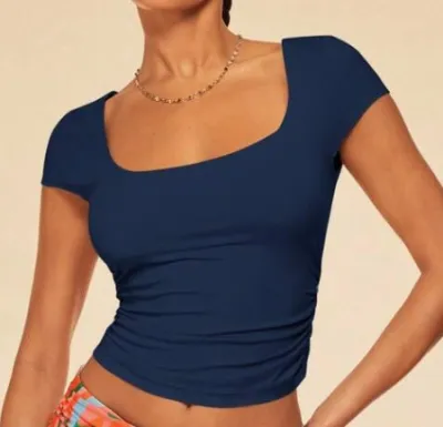 Women Sexy Solid Color Short-Sleeved Slim-Fit Crop Top