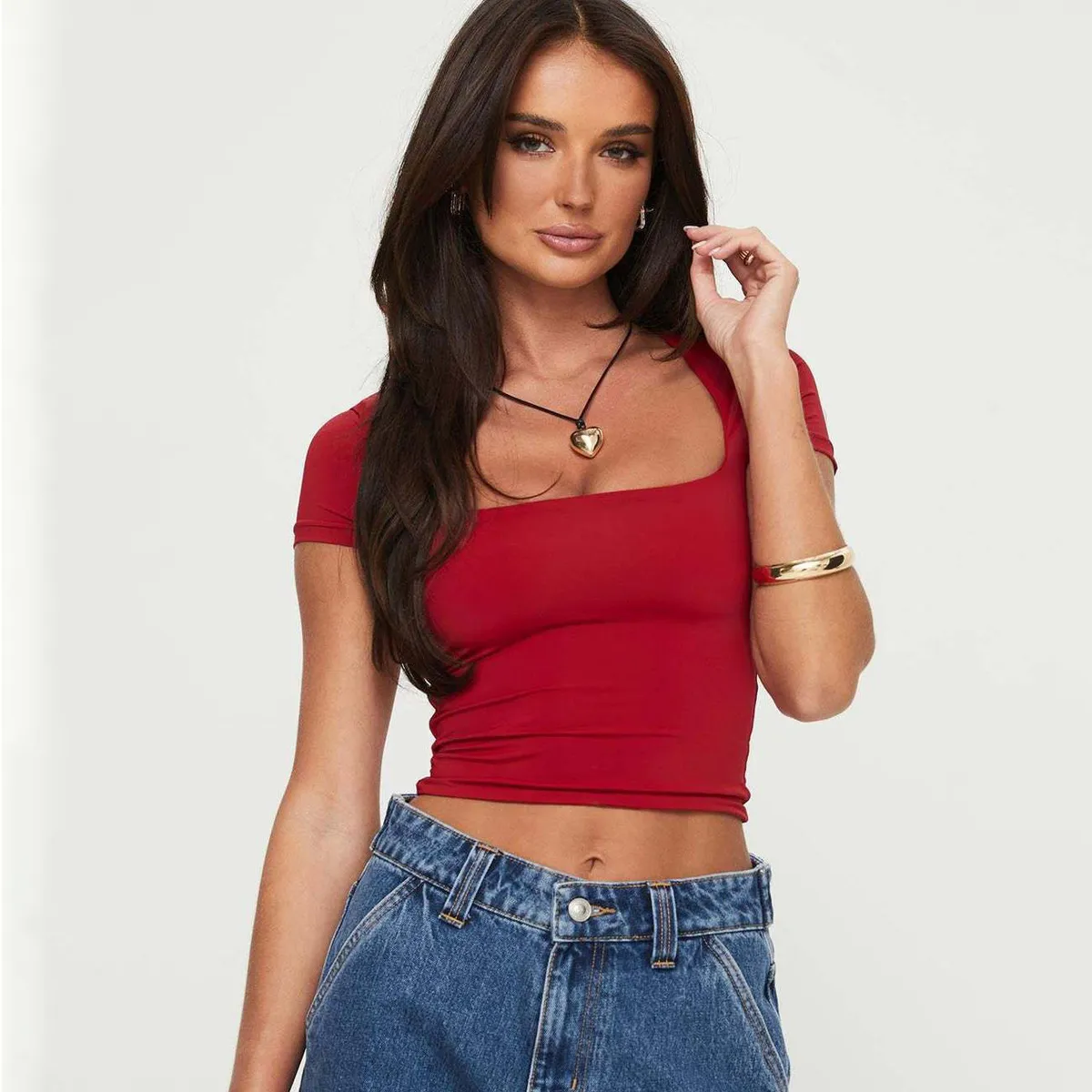 Women Sexy Solid Color Short-Sleeved Slim-Fit Crop Top