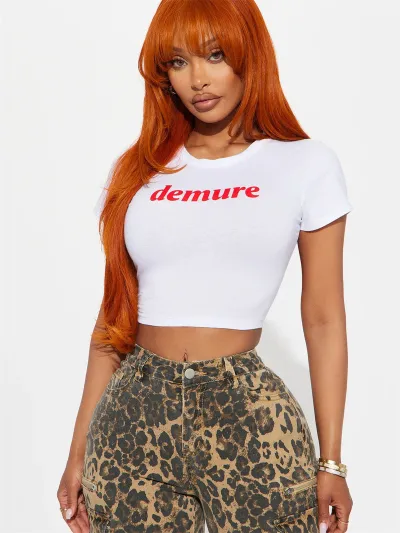 Women Fashion Sexy Letter Printed Round Neck Short-Sleeve Slim-Fit Crop Top