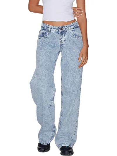 Women Casual Solid Color Straight Leg Jeans Low Waist Micro-Type