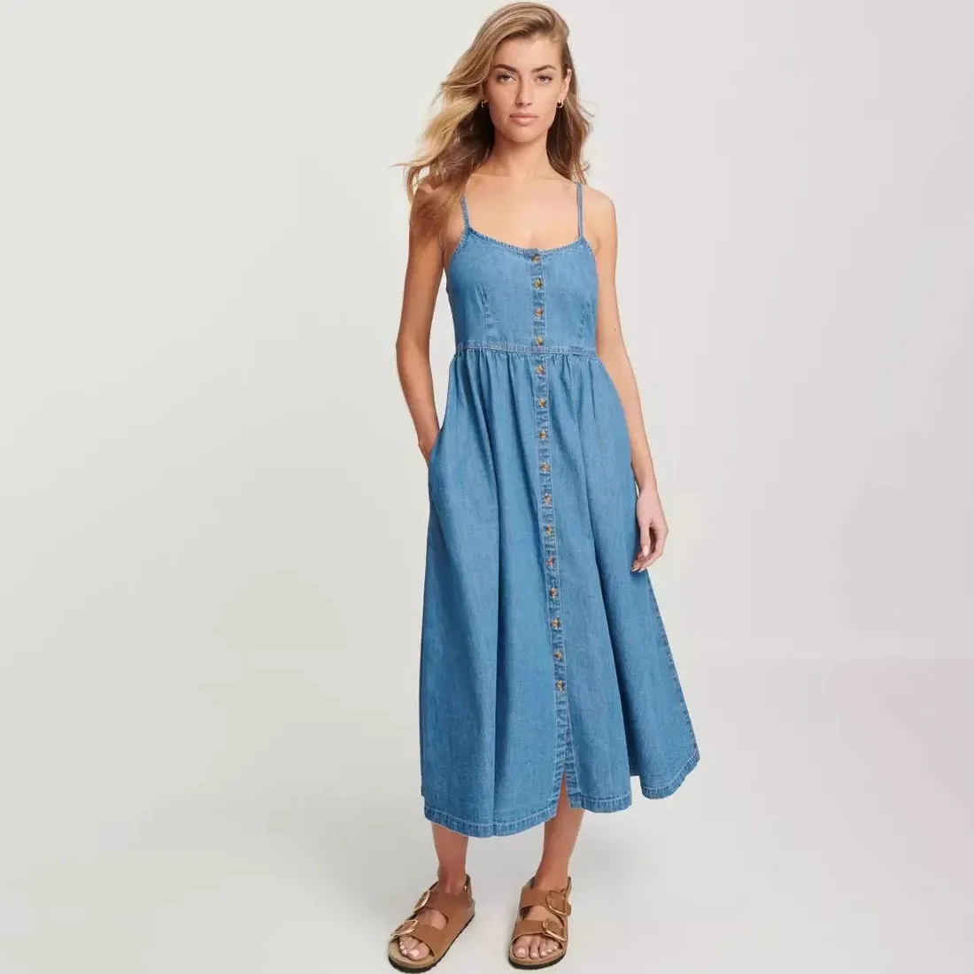 Women Casual Loose Backless Single Breasted Denim Camisole Dress