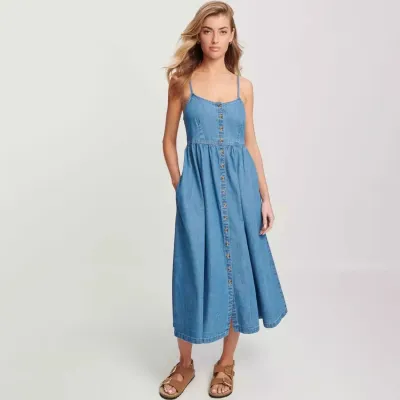 Women Casual Loose Backless Single Breasted Denim Camisole Dress