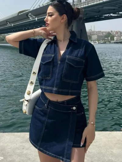 Women's Sexy V-Neck Short-Sleeved Top with Irregular High Waist Denim Shorts Two-Piece Set