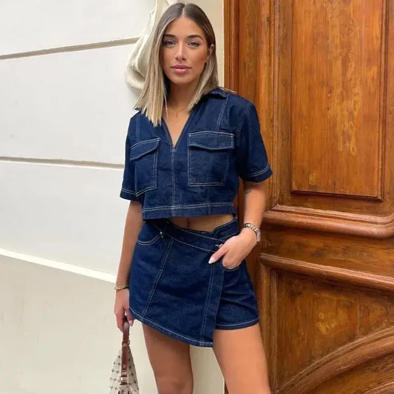 Women's Sexy V-Neck Short-Sleeved Top with Irregular High Waist Denim Shorts Two-Piece Set