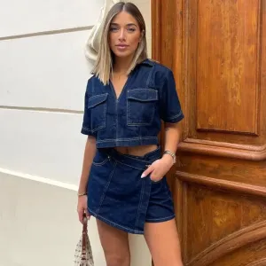 Women's Sexy V-Neck Short-Sleeved Top with Irregular High Waist Denim Shorts Two-Piece Set