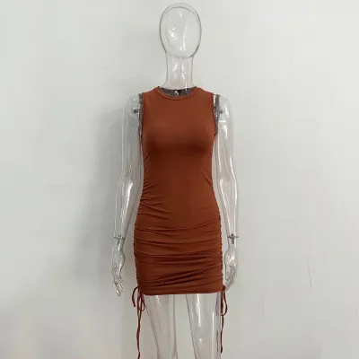 Women Fashion Sexy Solid Color Sleeveless Drawstring Slim-Fit Dress
