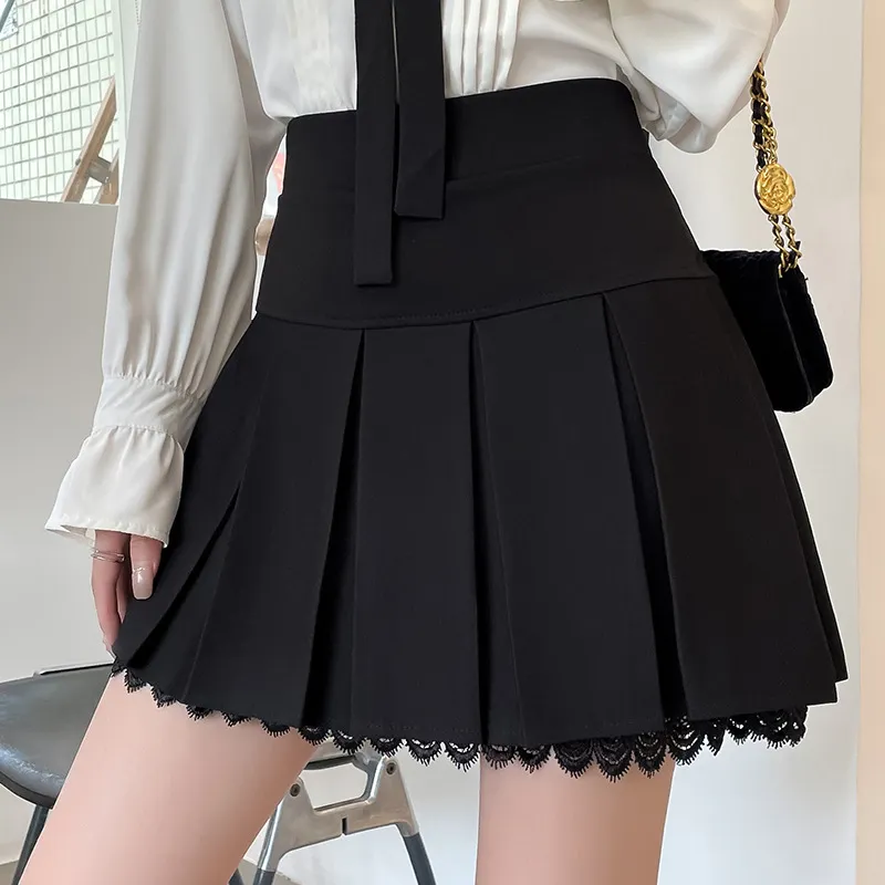 Women Fashion Solid Color Lace Pleated A-Line Skirt