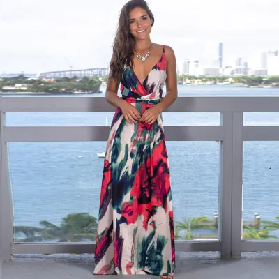 Women Fashion Casual Vacation Loose Flower Printed V-Neck Camisole Dress