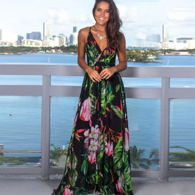 Women Fashion Casual Vacation Loose Flower Printed V-Neck Camisole Dress
