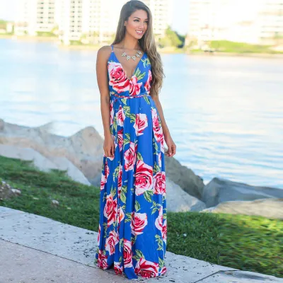 Women Fashion Casual Vacation Loose Flower Printed V-Neck Camisole Dress