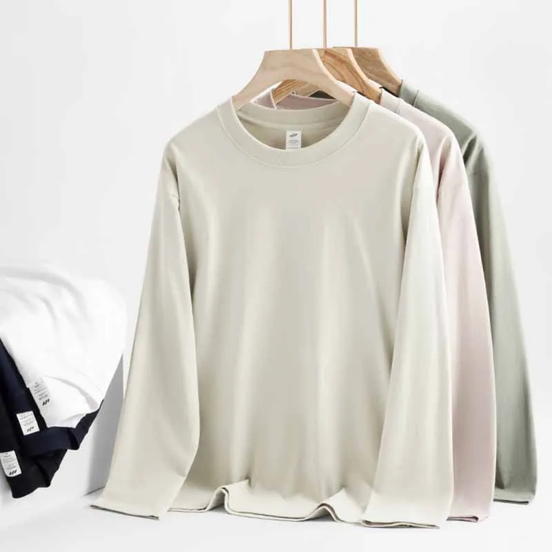 Men Casual Solid Color Plus Size Long Sleeve Crewneck T-Shirt Combed Cotton Loose Office Knitted Sleeve Pullover Creative Fun
