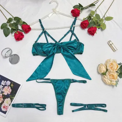 Women Fashion Hollow-Out Lace-Up Bowknot Steel Ring Sexy Lingerie Set