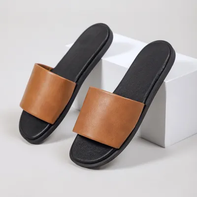 Women Simple Beach Flat Slippers PU TPR Casual