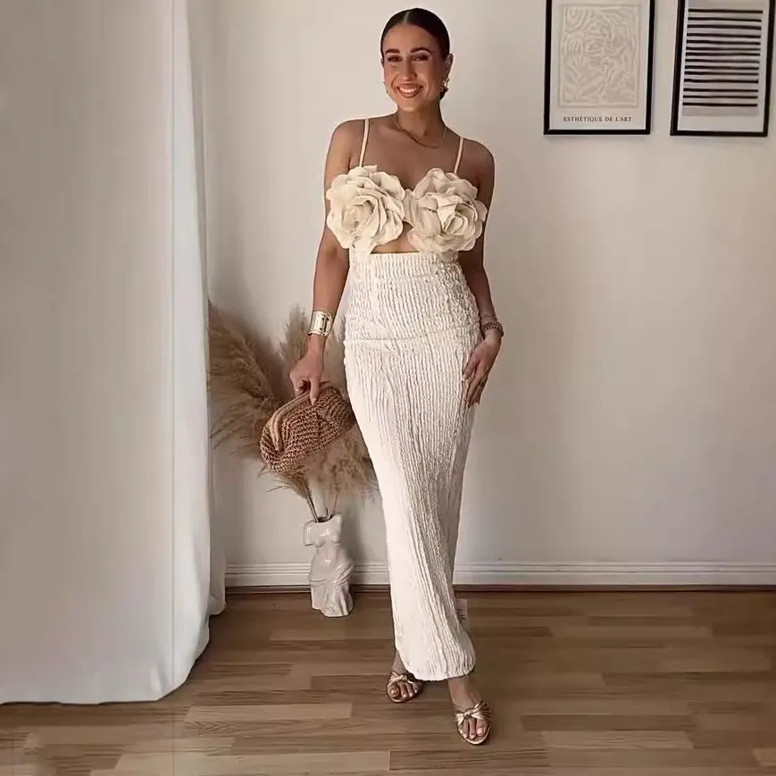 Women Fashion Sexy Vacation Floral Decoration Hollow-Out Sleeveless Slim Fit Dress