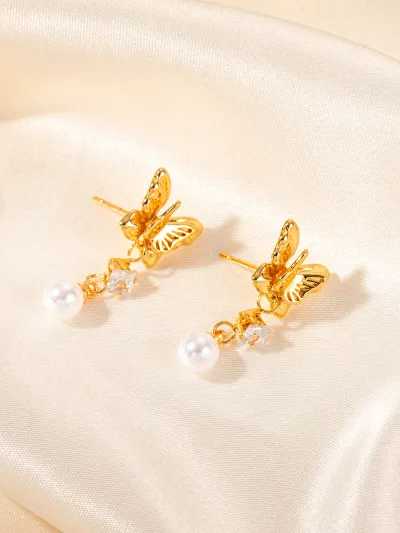 Women's Fashion Multicolor Butterfly Pearl Drop Earrings