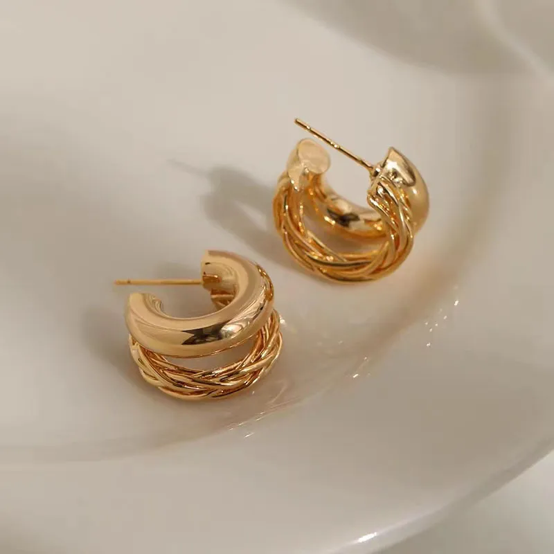 Women Fashion Geometric Copper Double-Layer Earrings