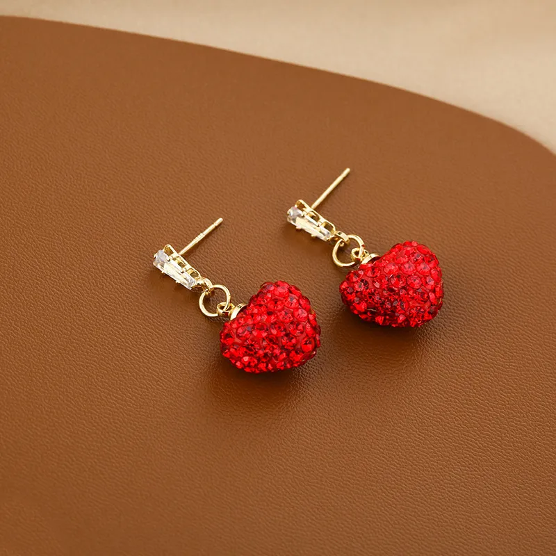 Women Fashion Red Heart Rhinestone Earrings