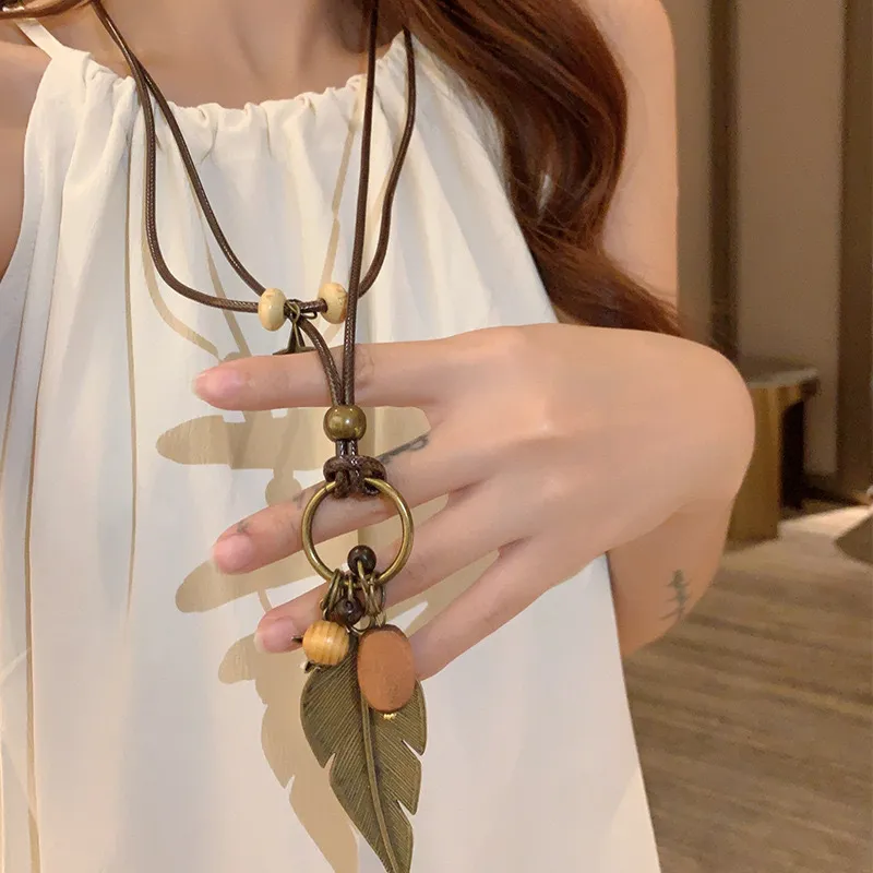 Women Fashion Long Feather Beaded Pendant Multi-Layer Necklace